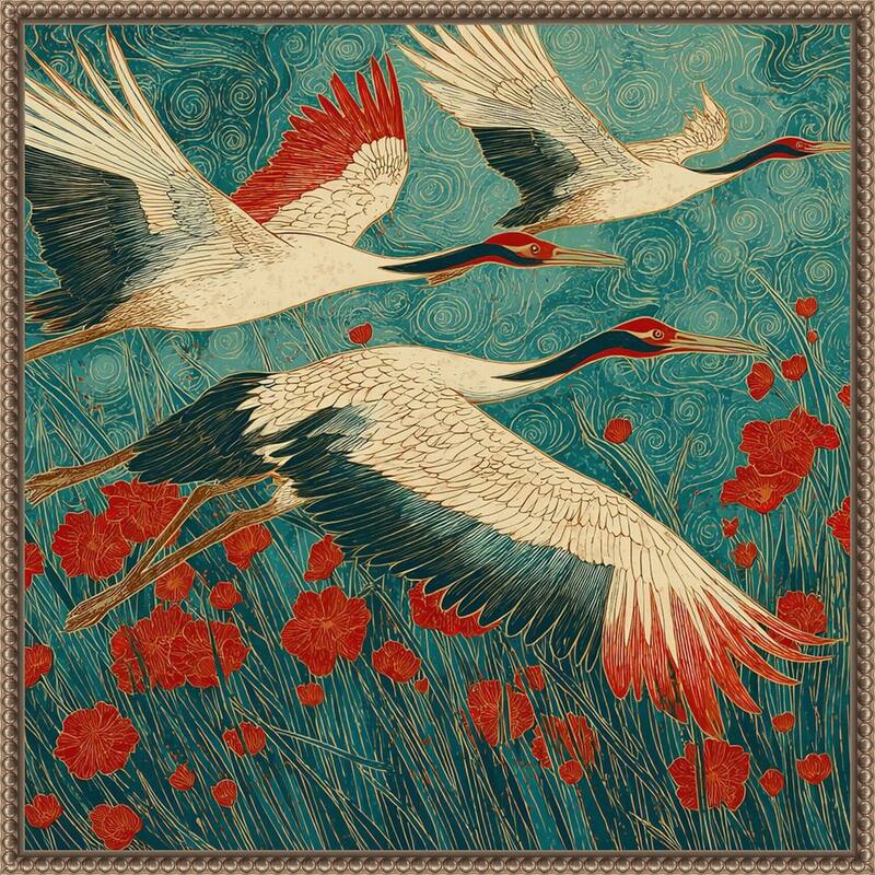 A Cranes Florals of Flight by Tradelink inhouse artist Framed Canvas Wall Art Print