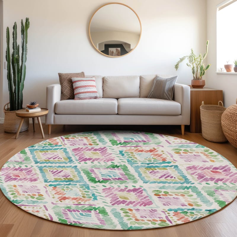 Machine Washable Indoor/ Outdoor Boho Brushstrokes Chantille Rug - Teal - 8' x 8'