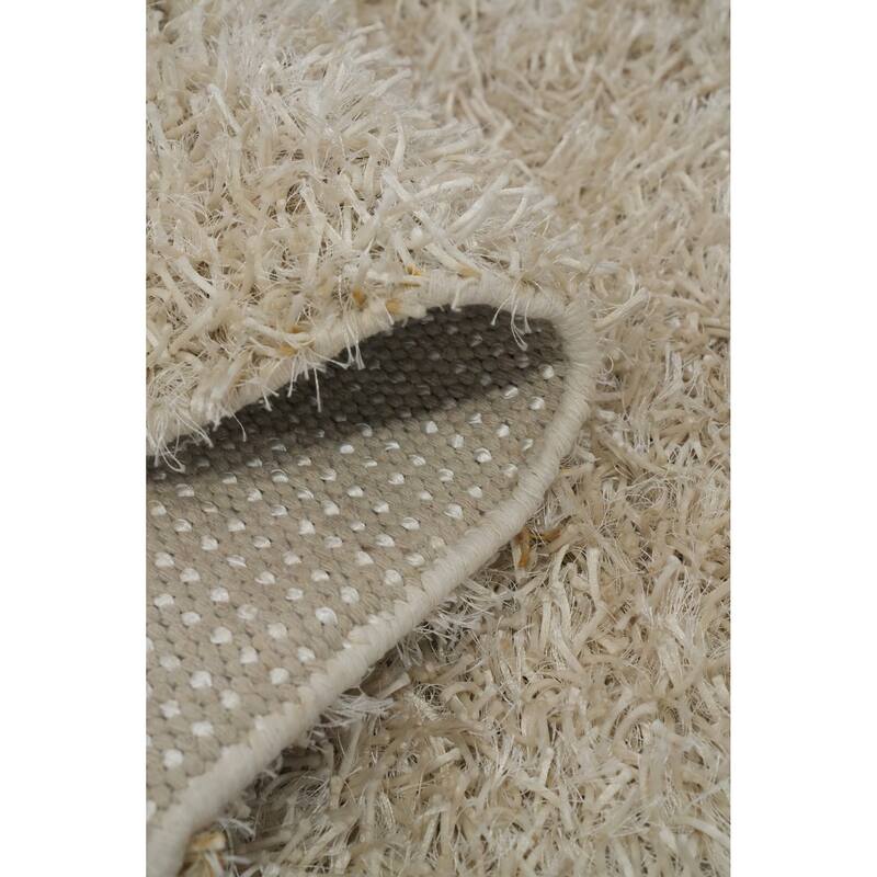 Hand Knotted Oriental Polyester Carpet Modern Solid Beige & Ivories Shaggy Area Rug - 3' 6'' X 1' 10''