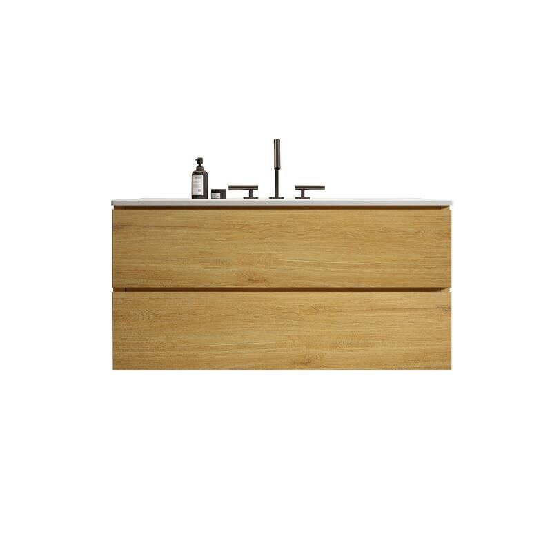 GDFStudio - Coralie Modern Floating Bathroom Vanity with Integrated Ceramic Sink and Soft-Close Storage - OAK - 36" (three faucet holes)