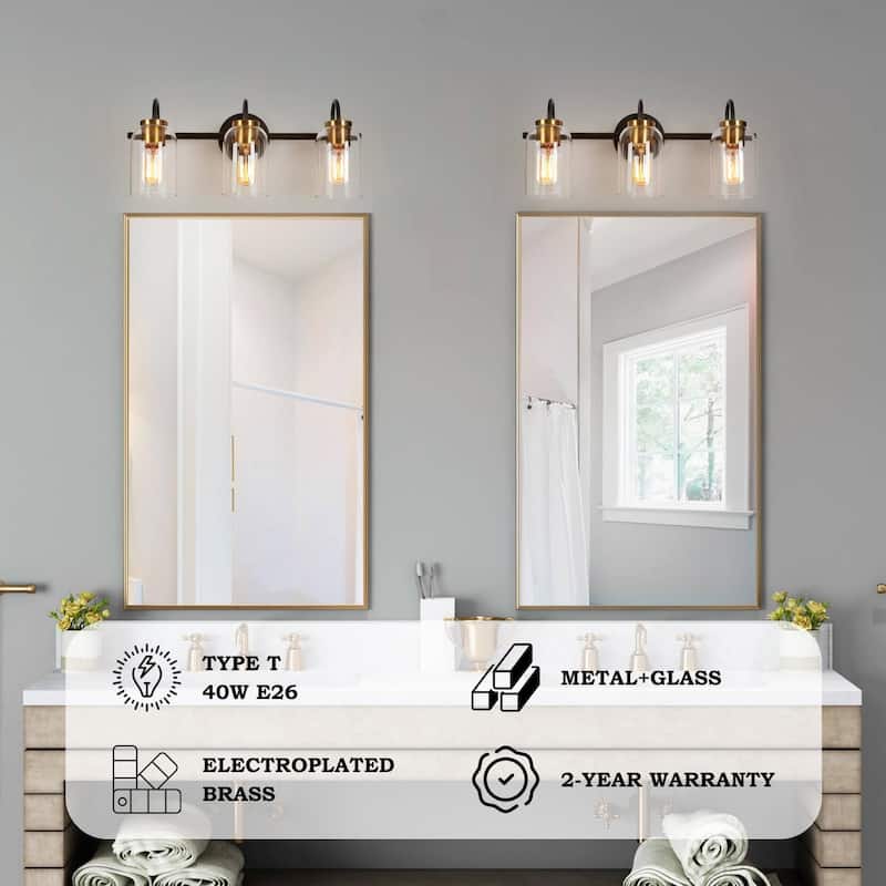 Modern Industrial 3-Light Black Brass Wall Light Clear Glass Vanity Light Fixture for Bathroom