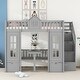 preview thumbnail 2 of 25, Twin-Over-Twin Bunk Bed with Convertible Desk, Solid Pine Wood, Playhouse Design, Fence-Shaped Frame, Grey
