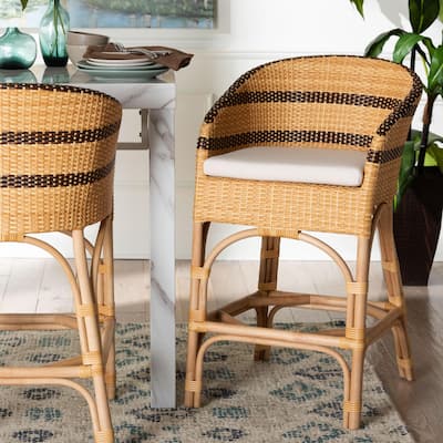 Elma Rattan Counter Stool with Cushion - Barrel-Back Counter Chair with Synthetic and Natural Rattan, Boho Coastal Style
