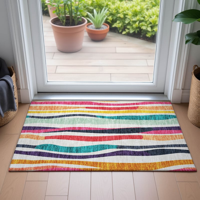 Machine Washable Indoor/Outdoor Modern Stripes Chantille Rug