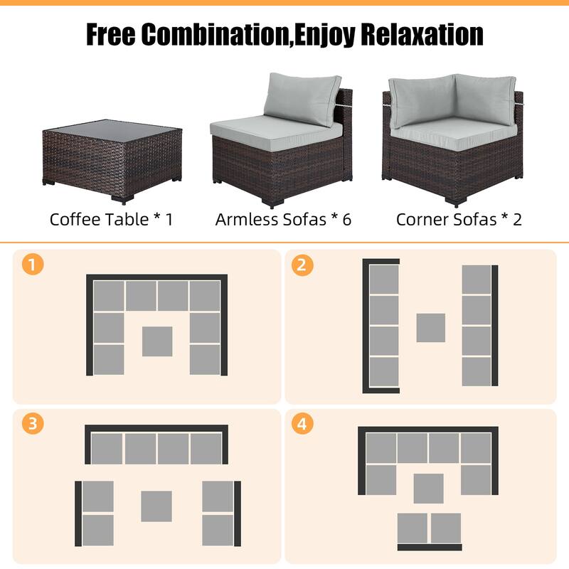 Patio Watcher Outdoor 8 Seater Rattan Sectional Set with Cusions and Coffe Table