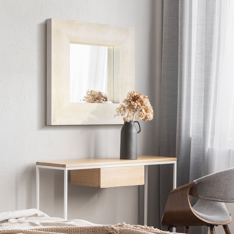 Gold on White Metallic Shagreen Leather Framed Beveled Mirror - 30" x 30"