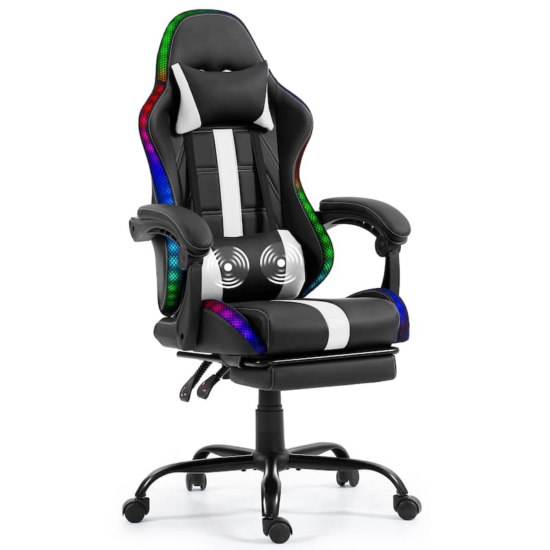 EROMMY RGB LED Gaming Chair with Thickened Massage Lumbar Pillow & Upgraded Footrest, Reclining Ergonomic Chair - White