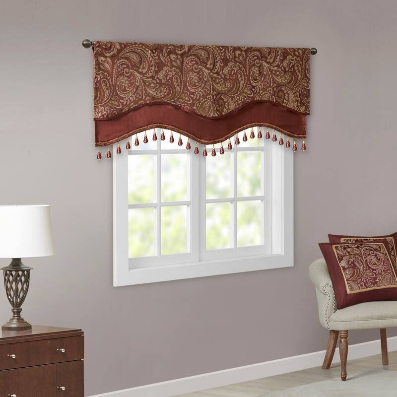 Madison Park Whitman Jacquard Window Rod Pocket Valance with Beads - 50 x 18"