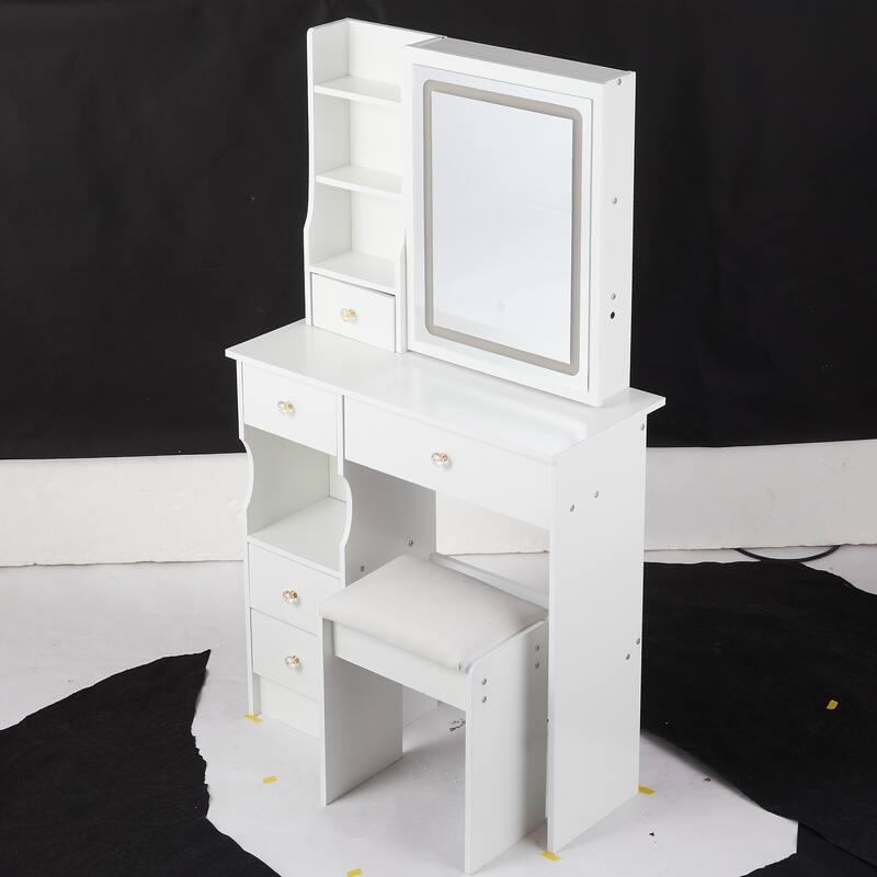 Dressing Table Stool Set with Brightness Adjustable Touch LED Mirror