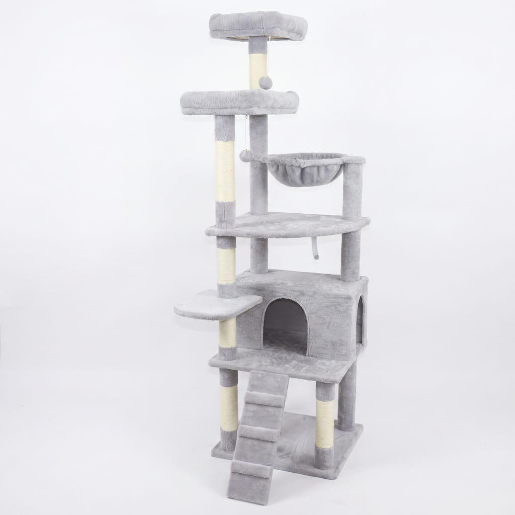 71 in Tall Cat Tree with Hammocks, 2 Top platform, Cat Cave, Scratching Posts, Plush Cat Tower for Indoor Cats - Gray