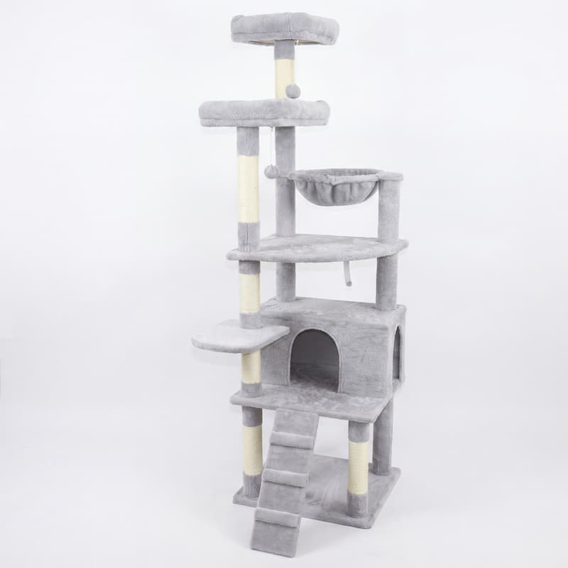 71 in Tall Cat Tree with Hammocks, 2 Top platform, Cat Cave, Scratching Posts, Plush Cat Tower for Indoor Cats - Gray - Gray