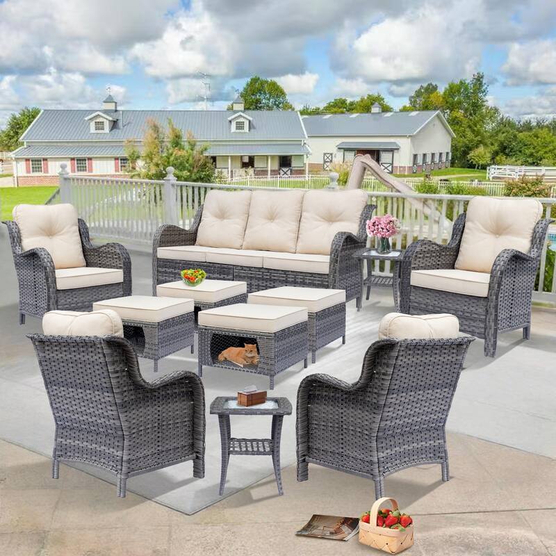 Gray Rattan Wicker High Back Outdoor Patio Furniture Sofa Seating Set - 11-Piece - Beige