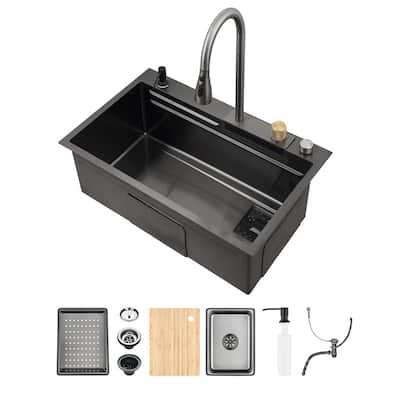 MEDUNJESS Stainless Steel drop in single bowl kitchen sink with Flying-rain Faucet and Cutting Board - 30''