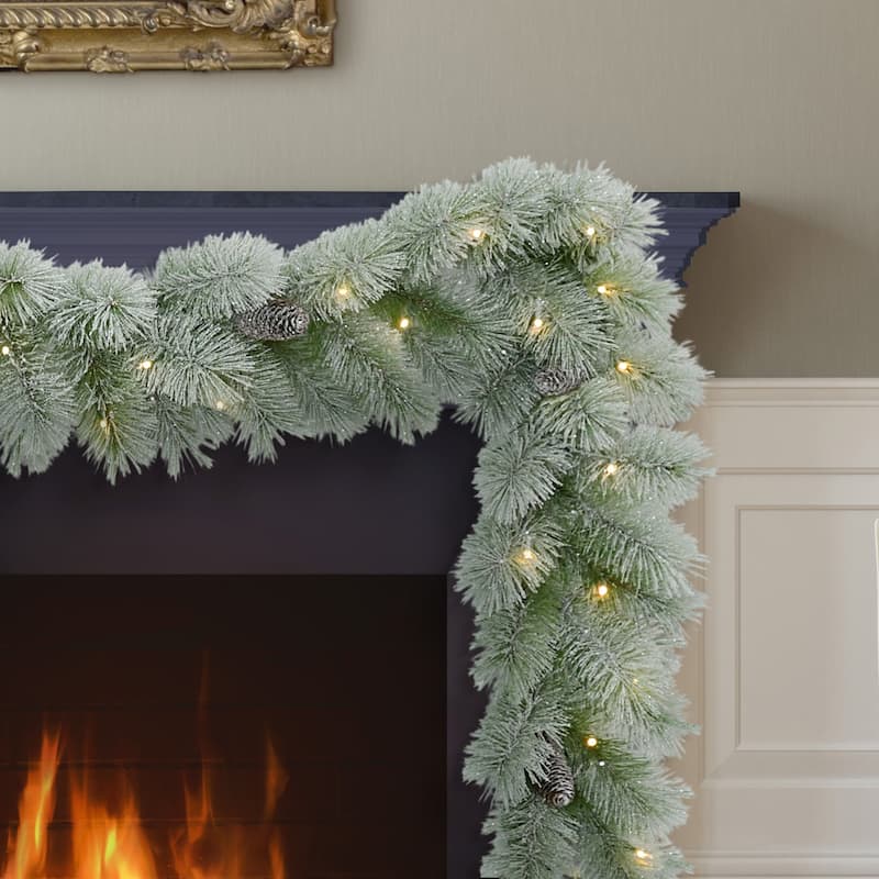 Puleo International 9' x 10" Pre-Lit Flocked Garland with Warm White LED Lights
