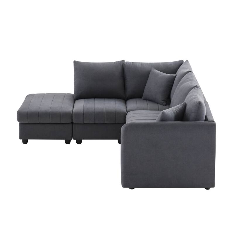 Modular L-Shaped Sectional Sofa with Movable Ottoman, 5 Seat Corner Couch with Throw Pillows, Comfy Cloud Upholstered Sofa
