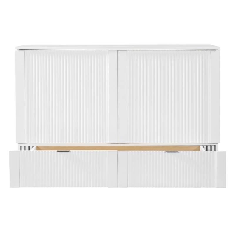 Queen Size Wall Bed with Drawer, USB Ports & Smooth Pulley Mechanism, Space-Saving White Cabinet Bed