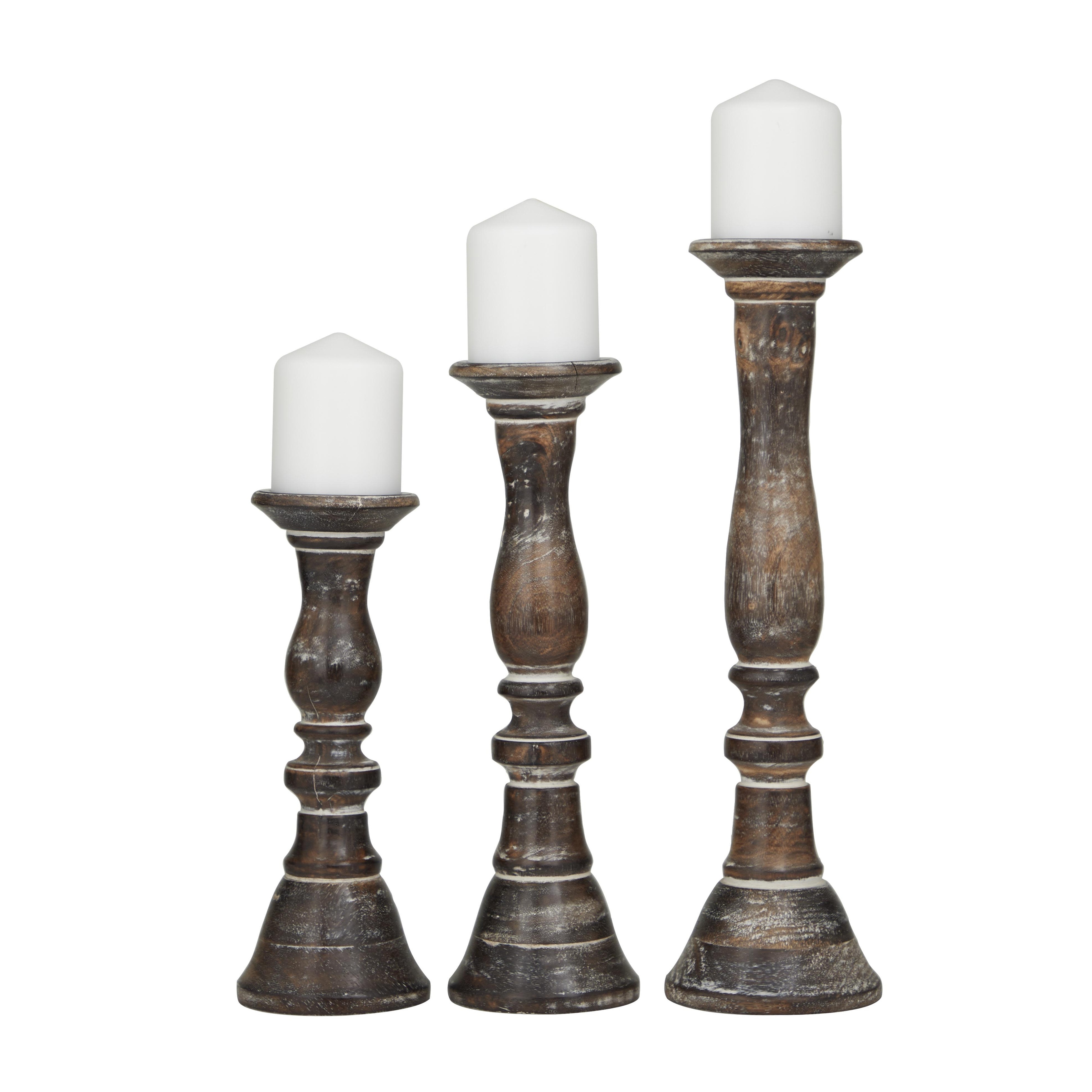 Roche River Decor - Wood Turned Style Pillar Candle Holder - Set of 3 Black, Dark Brown, Light Brown or Gray