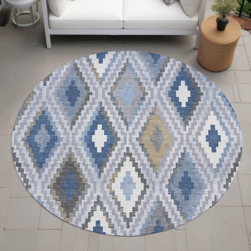 Machine Washable Indoor/ Outdoor Global Geo Chantille Rug - Denim - 8' x 8'