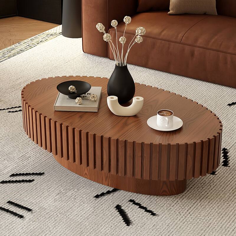 Modern Oval Coffee Table Stylish Coffee Table Olive Shaped Coffee Table with Handmade Relief and Base, for Living Room