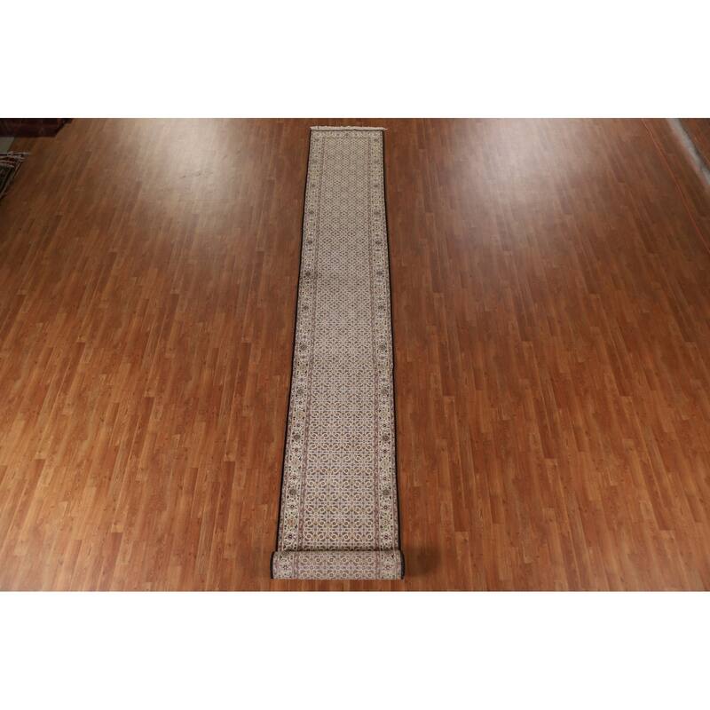 Hand Knotted Oriental Wool & Silk Carpet Traditional Floral Beige & Ivories Tabriz Runner Rug - 20' 4'' X 2' 7''