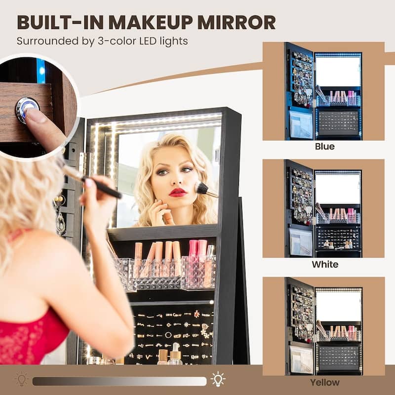 Rotating Jewelry Armoire Lockable Standing Jewelry Cabinet w/ Mirror