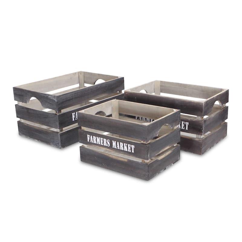 Brown Wood Farmers Market Labeled Crates (Set of 3)