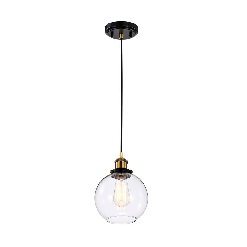 Black and Antique Brass 1-Light Mini Pendant with Clear Globe Glass Shade - Black and Antique Brass