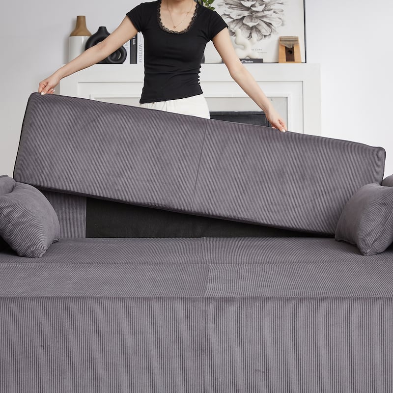 3-in-1 Pull Out Sleeper Sofa Bed, Convertible Corduroy Loveseat Couch with Casters, 4 Pillows and Side Pockets for Living Room
