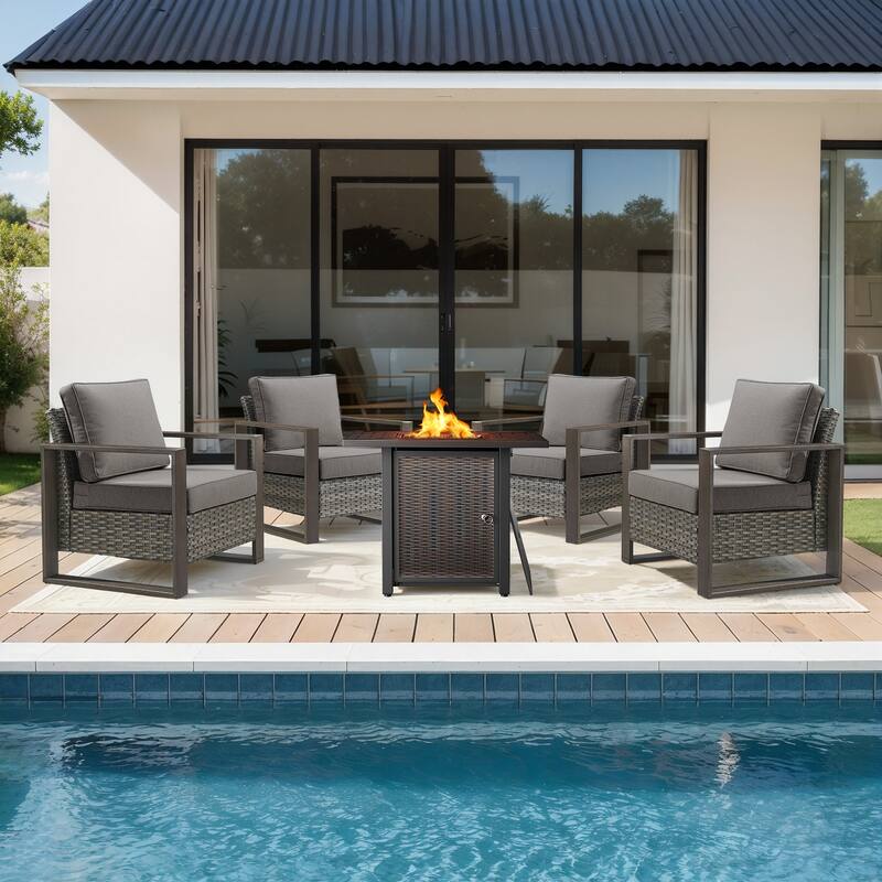 Meyreso 5-Piece Wicker Patio Conversation Set with Metal Fire Pit & Plush 4.5" Olefin Cushions