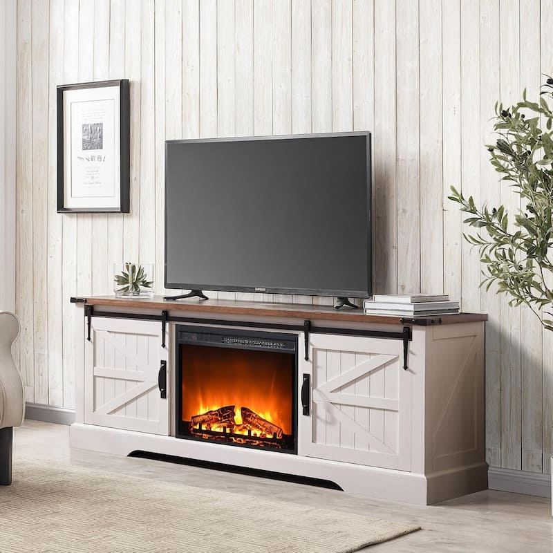 Farmhouse Fireplace TV Stand for 75'' TV, Rustic Entertainment Center
