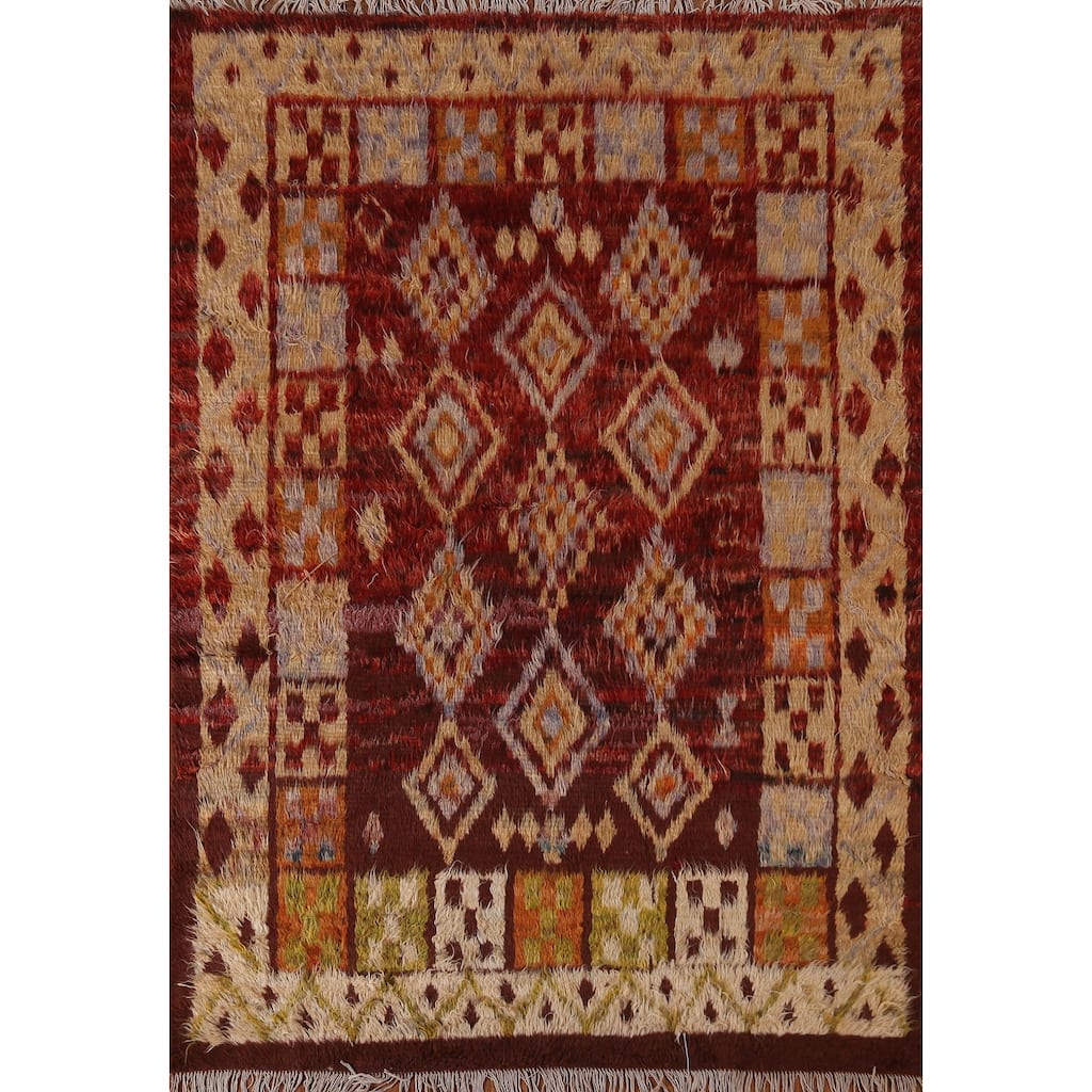 Hand Knotted Oriental 100% Wool Carpet Modern Tribal Red Moroccan Area Rug - 7' 8'' X 5' 8''