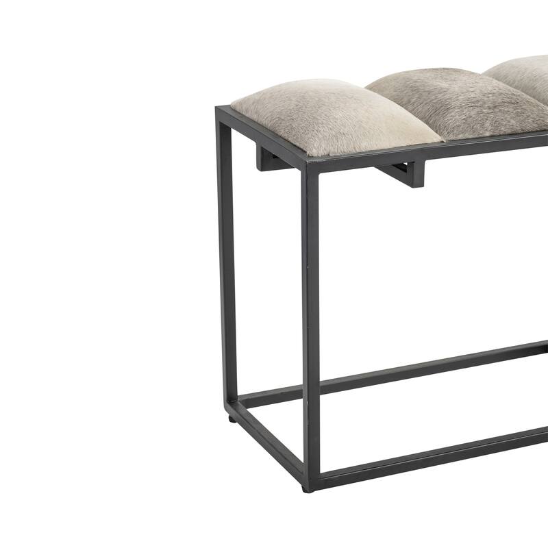 Verga 50"W Black Iron, Grey Faux Hair & Leather Patch Bench - 50 x 14 x 22"