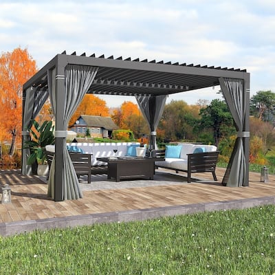 Outdoor Louvered Pergola, Outdoor Patio Hardtop Gazebo, Adjustable Metal Roof Curtains and Netting Included