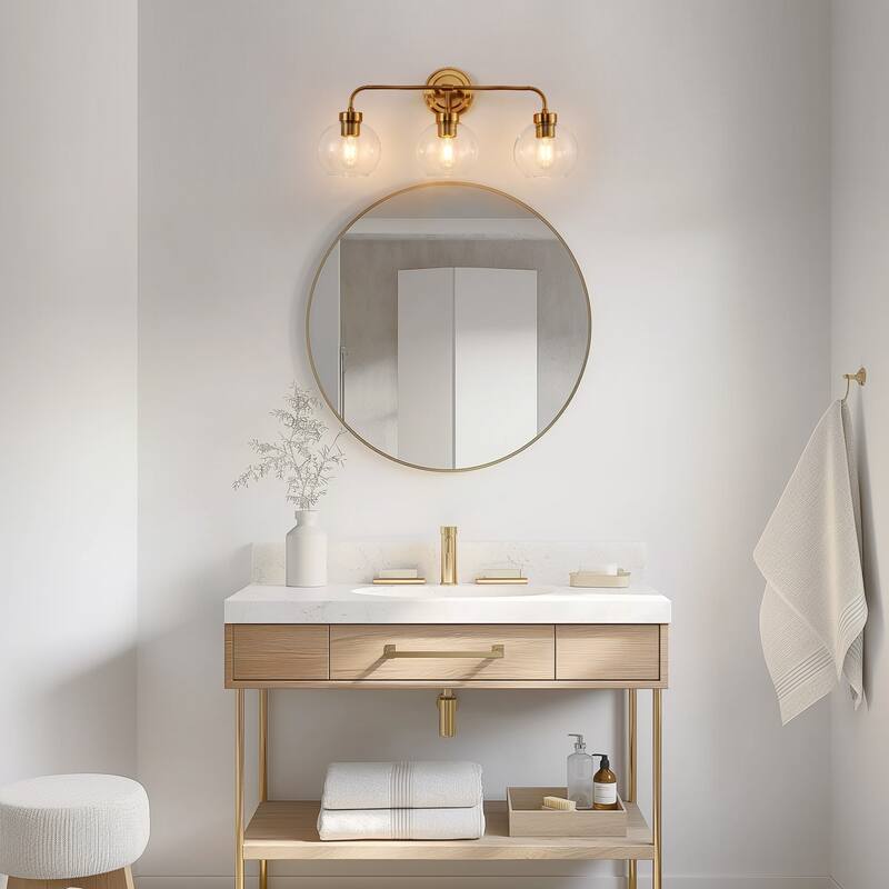 YANSUN 24.02in Gold 3-Light Vanity Light with Globle Glass Shade, E26 Bathroom Wall Light Fixture for Makeup Room, Dressing Room