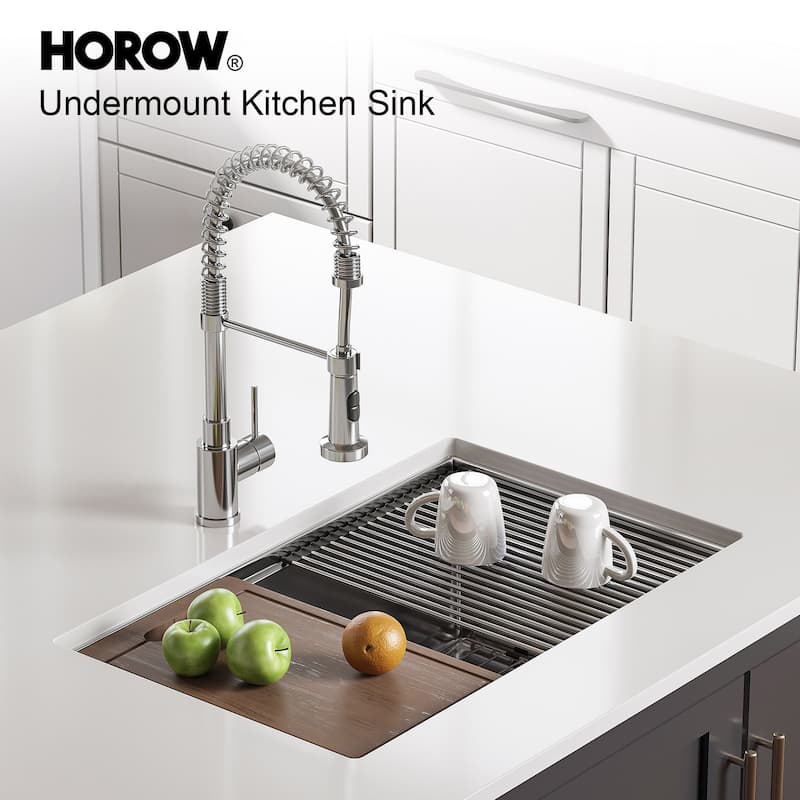 HOROW 16G Stainless Steel 30 in. Single Bowl Undermount Workstation Kitchen Sink with Cutting Board, Bottom Grid, Strainer