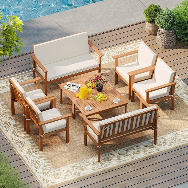 Costway 4/8 PCS Acacia Wood Conversation Set with Seat & Back Cushions - 8 PCS