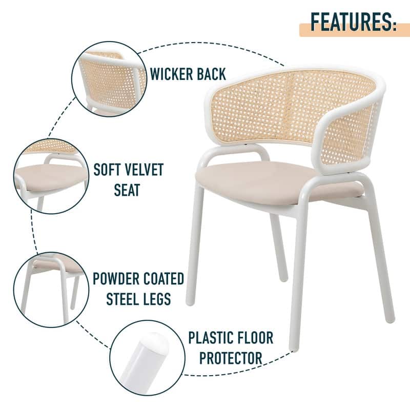 Ervilla Velvet Dining Side Chair with Rattan Back, White Steel Legs & Ergonomic Design for Kitchen, Dining Room or Living Space