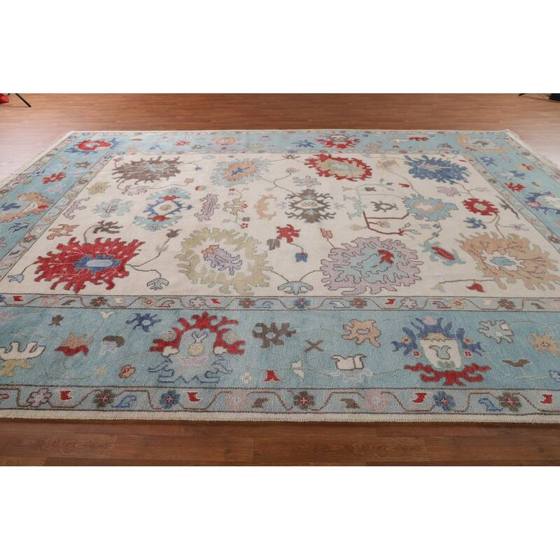 Ivory & Blue Oushak Indian Large Area Rug Handmade Wool Carpet - 10'1"x 13'10"