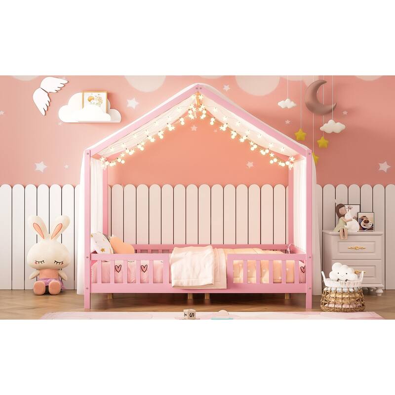 Montessori Floor Bed with Canopy, Full Bed Frame for Kids, House Shape Toddler Bed Frame with High Railings,Full