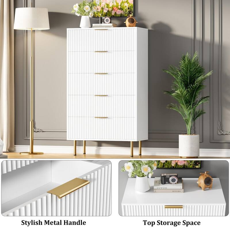 5 Drawer Fluted Dresser for Bedroom, Modern Wooden Storage Chest with Gold Handles