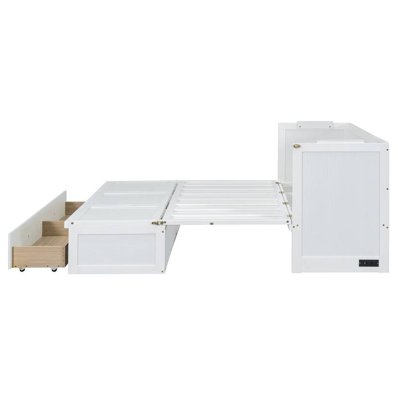 Queen Size Murphy Bed with USB Port, Large Drawer, and Space-Saving Design, White