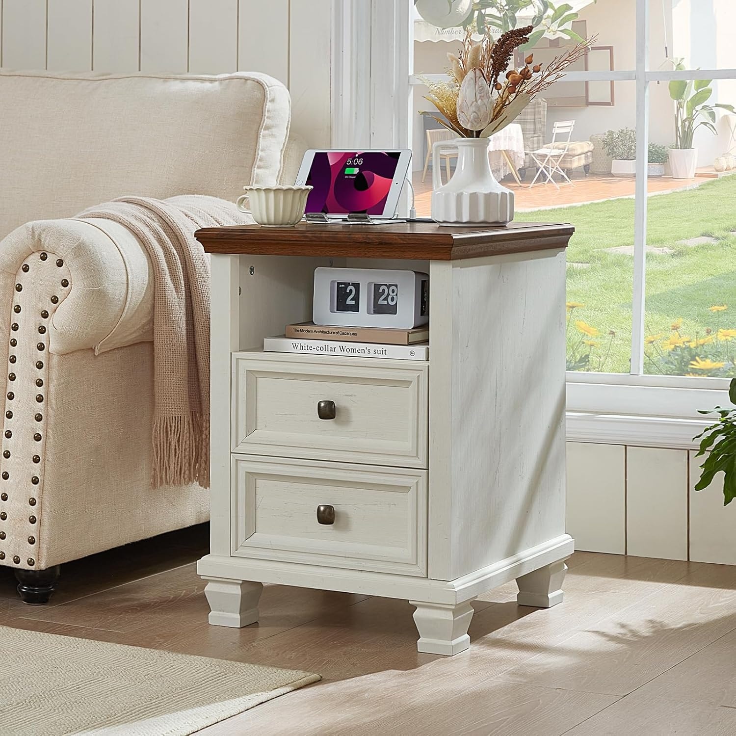 Rustic White Nightstand with Charging Station, 2 Drawers, Open Shelf for Bedroom or Living Room