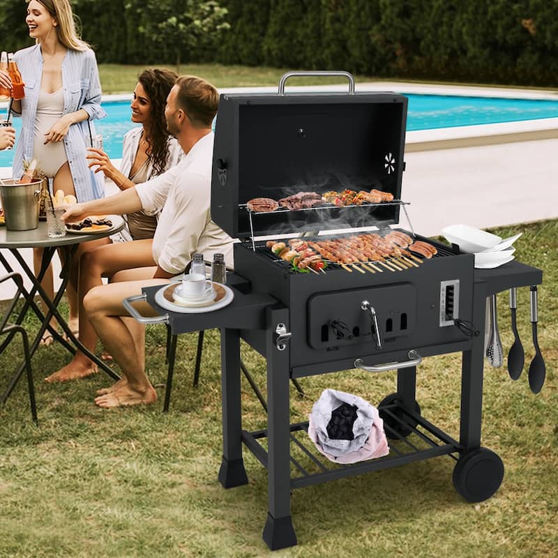 Large Backyard BBQ Grill with 6-Level Charcoal Tray and Thermometer Foldable Side Shelves - 52" x 22.5" x 42"