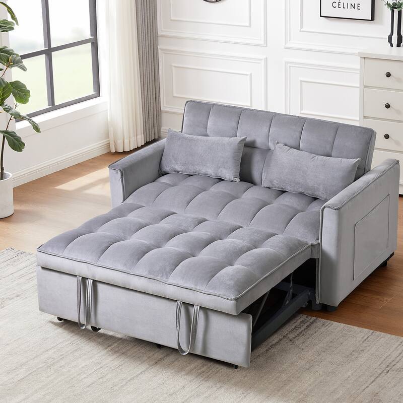 Anmytek Convertible Sleeper Sofa Bed Pull Out Couch Velvet Loveseat Futon with Pillows and Pockets for Living Room Grey