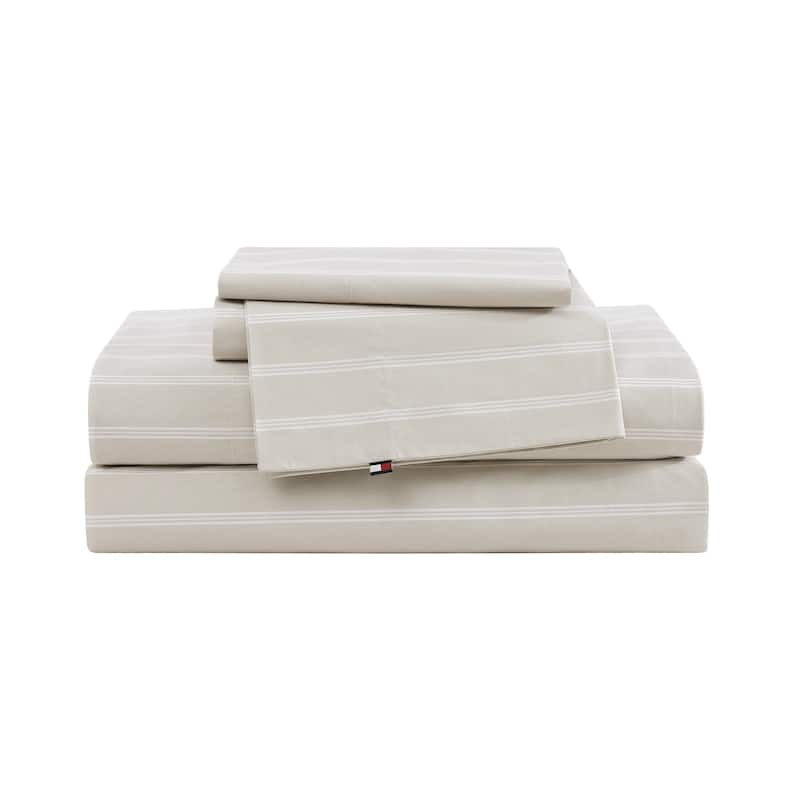Tommy Hilfiger Printed Cotton Percale Sheet Set - Effortless Stripe Beige - Twin