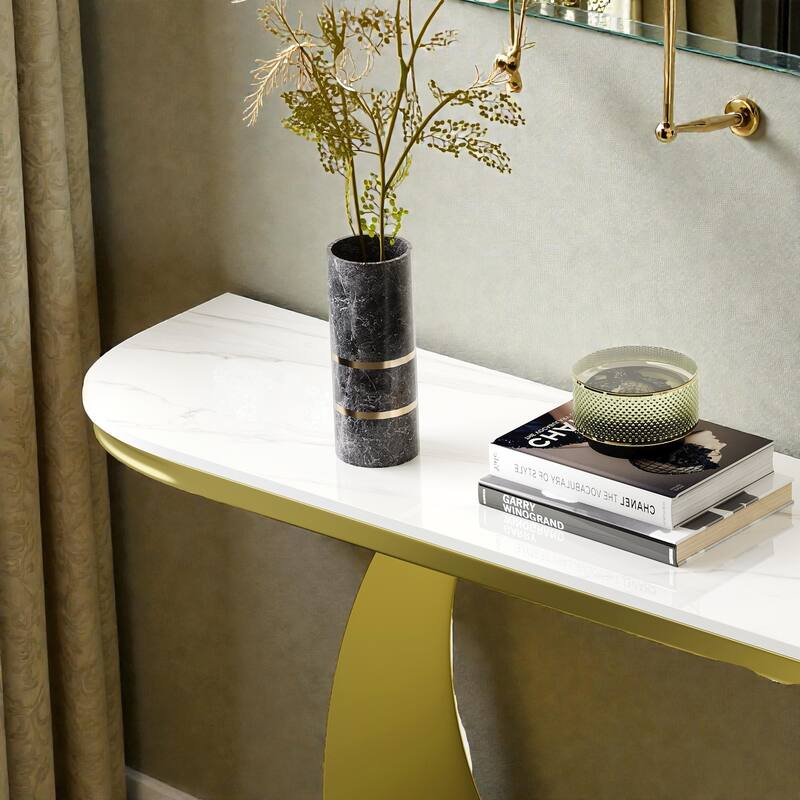 47 Inch Half-Console Table with Faux Marble Top & Gold Metal Base, Modern Narrow Entryway Table for Hallway & Living Room