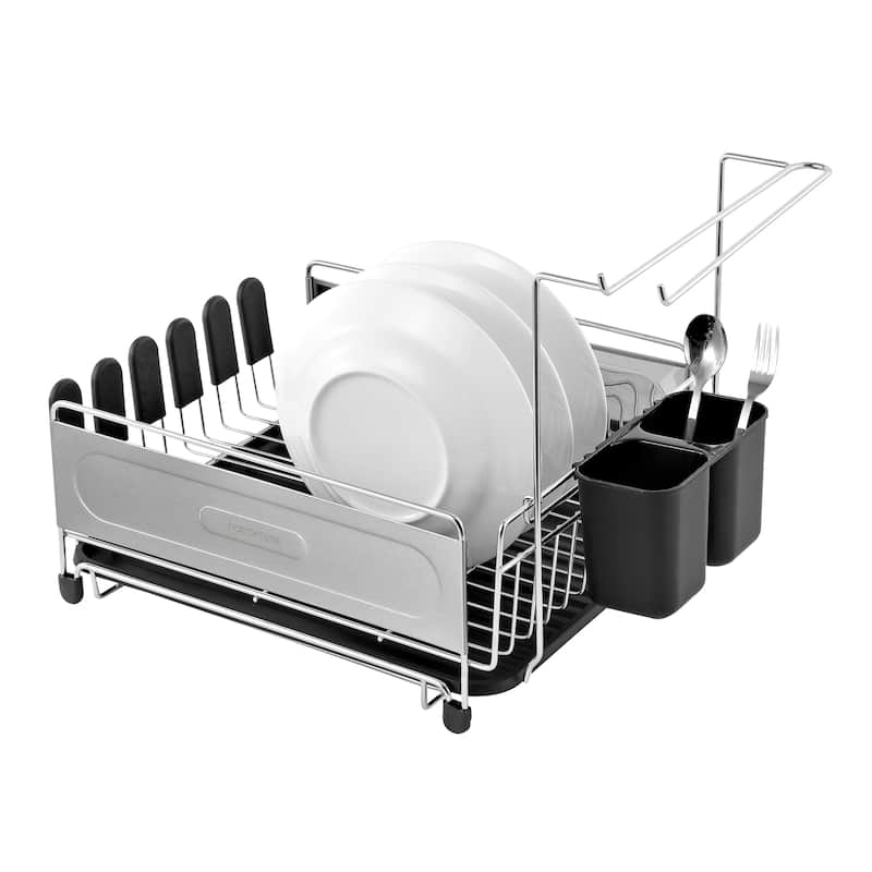 happimess Compact 17.25" Fingerprint-Proof Stainless Steel Dish Drying Rack With Wine Glass Holder, Stainless Steel/Black