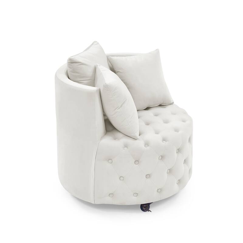 Roomfitters Velvet Swivel Chair with Tufted Button Design, Round Accent Chair with 3 Pillows and Wheels, Lounge Seating