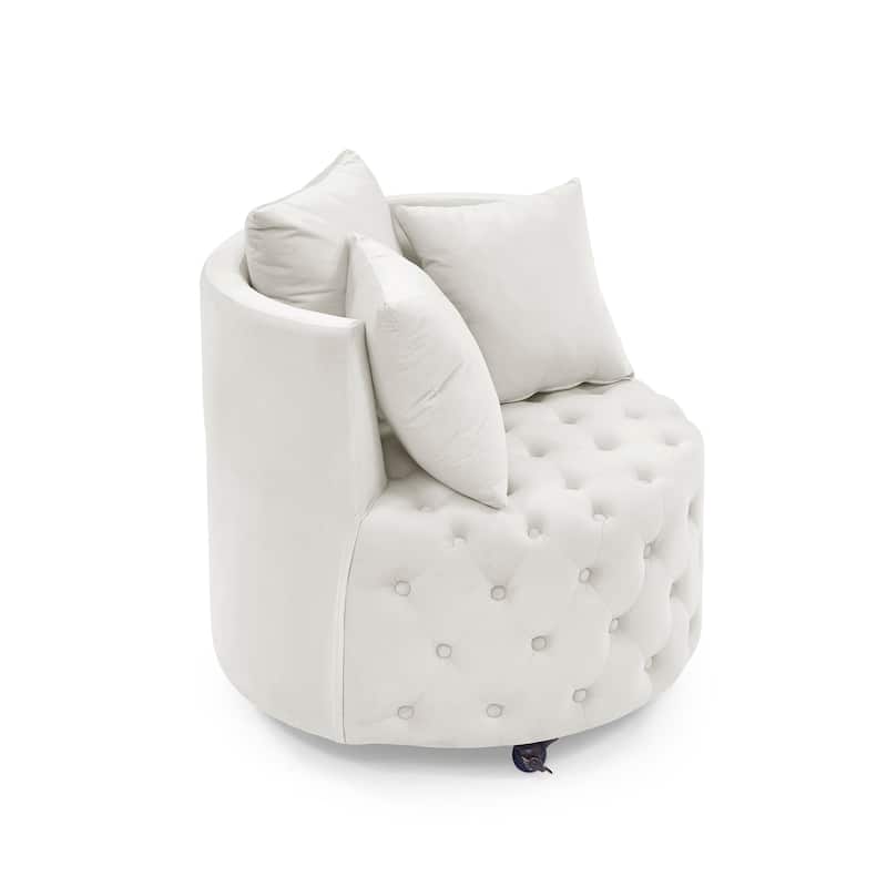 Living Room Velvet Swivel Chair with Button Tufted Design, 3 Pillows & Movable Wheels