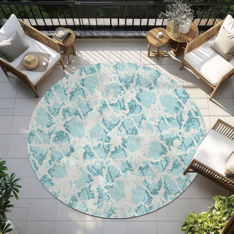 Machine Washable Indoor/ Outdoor Abstract Modern Chantille Rug - Teal - 8' x 8'